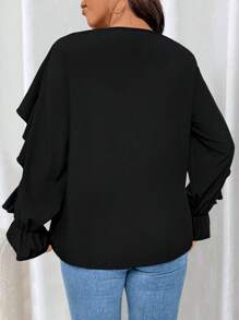SHEIN Clasi Plus Size Women Elegant Solid Color Ruffle Collar And Cuff Casual Shirt, Autumn - Black - View 2