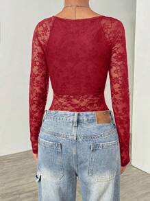 Muchica 红色蕾丝女式高领长袖紧身衣 - 紅色 - 查看 2