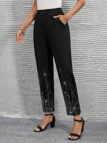 SHEIN LUNE Women's Sequined Digital Print Black Pants - Black - View 1