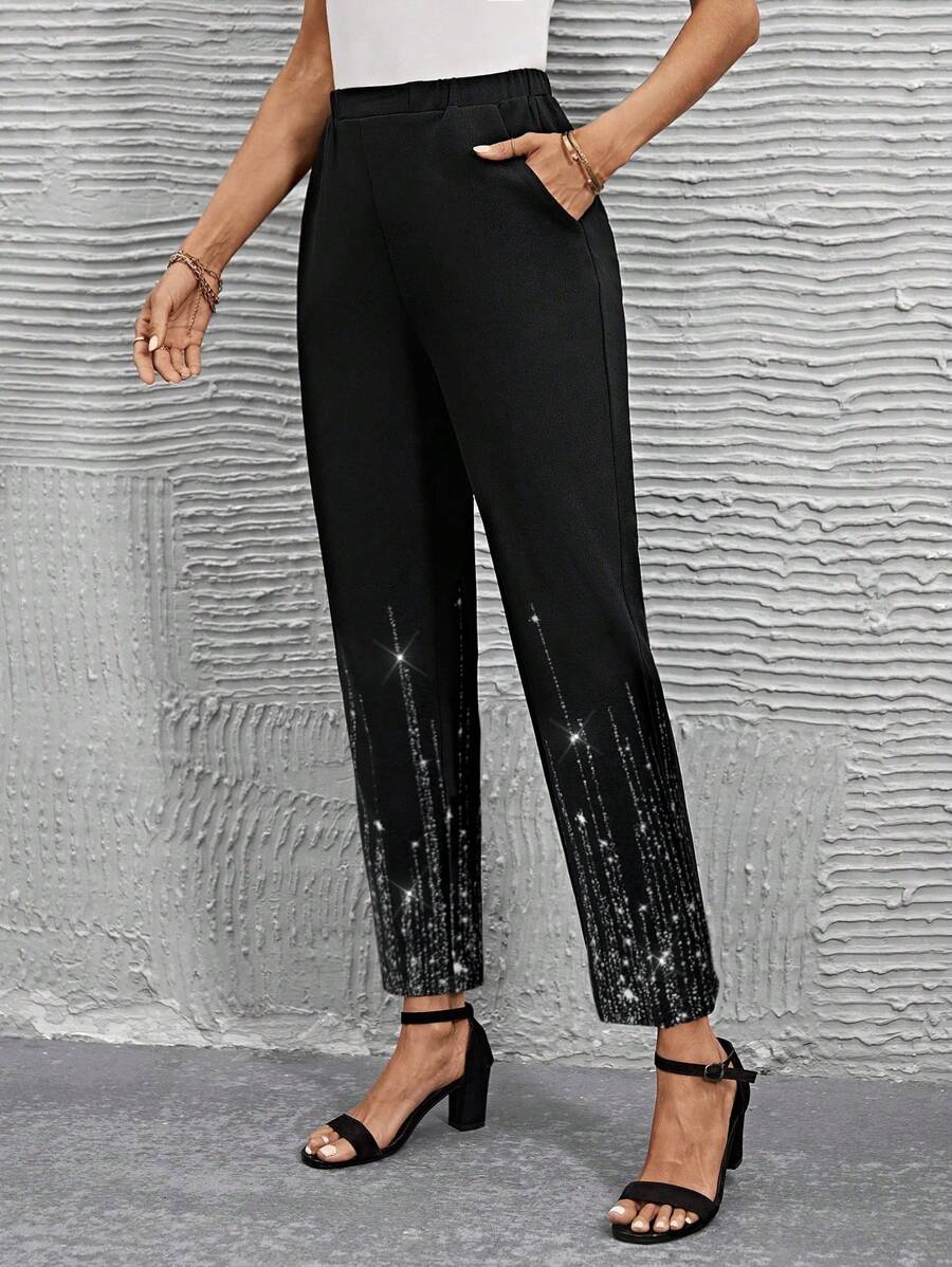 SHEIN LUNE Women's Sequined Digital Print Black Pants - Black - View 1