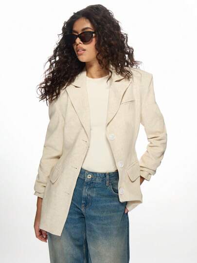MISSGUIDED Linen Blend Professional Blazer With Structured Shoulders And Button Front Classic Spring Summer Office Wear Single Breasted Lightweight Tailored Suit Jacket