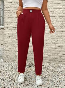 SHEIN Essnce 女式大码口袋贴片铅笔裤，休闲时尚百搭休闲裤 - 酒紅色 - 查看 3