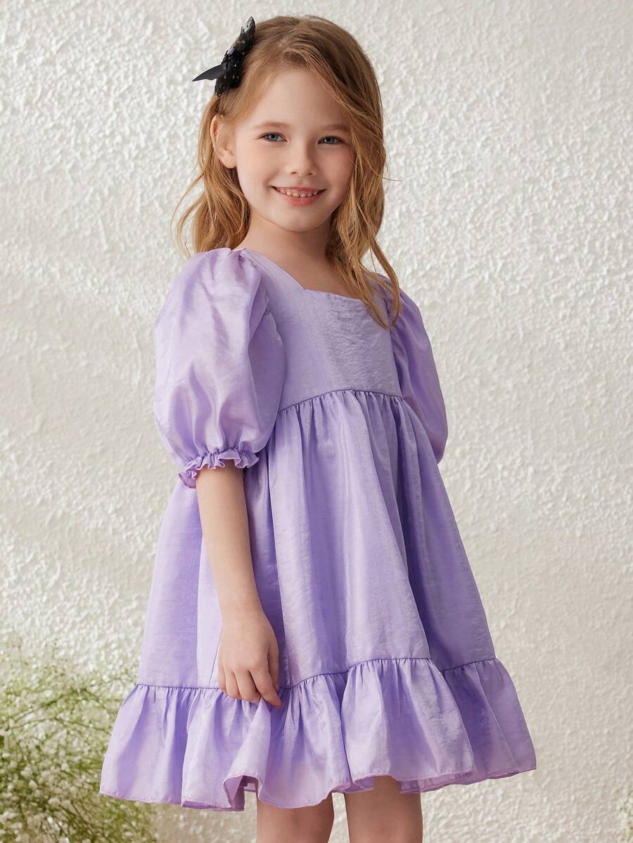 Blossori Young Girls' Purple Elegant Smocked Waist A-Line Puff Sleeve Woven Dress, Spring/Summer - Purple - View 1