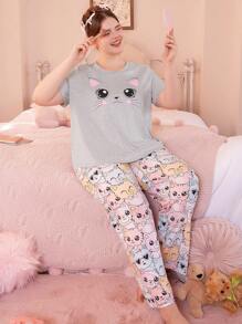 Slumberry CURVE Cute Cat Print Round Neck Short Sleeve Loose Fit Pajama Set For Plus Size - Multicolor - View 7