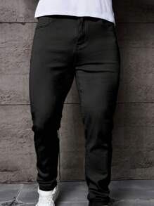 Manfinity Homme سروال جينز جيب سادة كاجوال بسيط، للارتداء اليومي - الأسود - مشاهدة 3