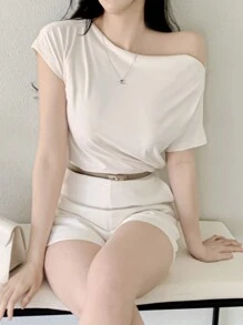 DAZY Áo thun nữ tay ngắn cổ rộng phong cách Pháp, áo trễ vai - Màu be - Xem 5