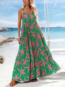 Vivid Eden Robe d'été pour vacances avec imprimé floral, bretelles spaghetti, dos nu et ourlet plissé à hauteur irrégulière pour femmes - Multicolore - Voir 2