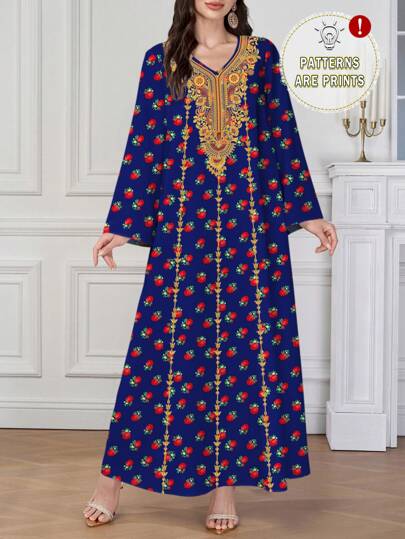 Al Najma Women's Ramadan Placement Print V-Neck Long Dress, Modest Kaftan