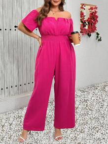 SHEIN Clasi Plus Size Solid Color Off Shoulder Short Sleeve Jumpsuit, Minimalist Casual  Summer/Summer Outfits For Women Boho  Rave Outfits Festival  Boho Beachwear Vacation Concert Outfit Women  Tropical Vacation Woman Clothes Country Concert Outfit Concert Outfits - Hot Pink - View 3