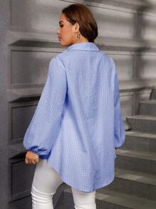 SHEIN LUNE Plus Size Women's Plaid Lantern Sleeve Single Breasted Casual Blouse Western Wear Women Festival Boho Hippie Cowgirl Old Money Bohemian Plus Size Oversized Shirts Plus Size Blouses Long Plus Size Shirt Women Shirts Plus Size Plus Size Tunic - Blue - View 2