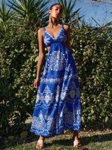 Travachic Women Casual Hollow-Out Wide Strap Long Dress - Blue - View 6