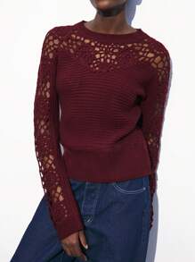 Maija Spring And Summer New Urban Modern Elegant Burgundy Hollow Crochet Texture Flower Women's Woolen Sweater Top Suitable For Daily Casual Outings Holiday Festival Party 90s Women's Clothing Retro Old Money Bohemian Music Festival