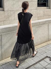 FRIFUL Women's Sleeveless Mesh Patchwork Dress, Minimalist Fashion Leisure Casual Everyday Wear,Ruffle - Black - View 2