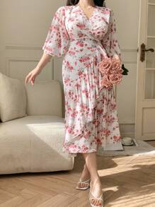 DAZY Women Midi Floral V-Neck Ruffle Hem Dress Prom Dress Elegant Women Dresses - Red - View 9