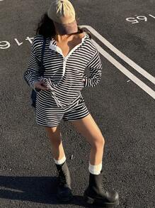 DAZY 2 pezzi/set, camicia a maniche lunghe a righe e pantaloncini larghi casual da donna per vacanze, set donna primavera/estate, corti