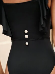 Anewsta 女士纯色简约修身连体泳衣，休闲度假，适合夏季海滩 - 黑色 - 查看 6