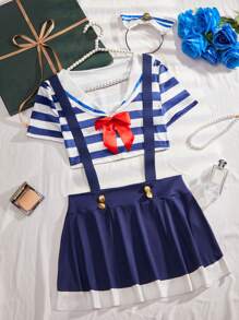3 件套少女服装套装：上衣、吊带裙和头带 - 藍白色 - 查看 1
