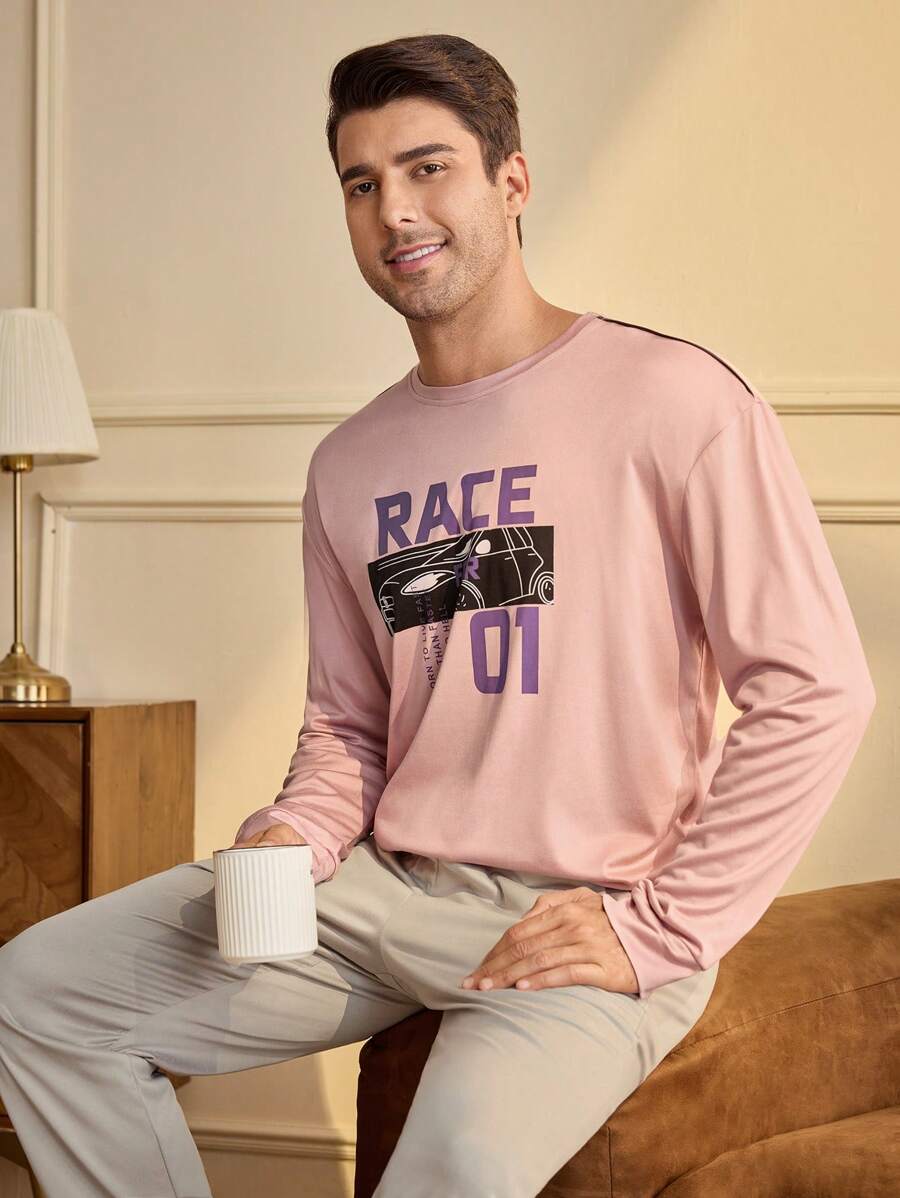 男士字母印花圆领长袖上衣和裤子家居服套装，休闲 - 粉色 - 查看 1