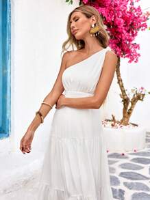 Vivid Eden White One-Shoulder Ruched A-Line Dress For Beach, Picnic, Party, Date, Spring/Summer (Lined, Non-Sheer)Spring And Summer Outfits,Summer Clothes,Valentine Day,Vacation Outfits Woman,Beach Outfits For Woman, Festival,Romantic And Elegant Clothing,Bohemian,BOHO, Sweet,Coquette,Rave Outfits Festival,Tropical Vacation Woman Clothes,Carnival - White - View 5