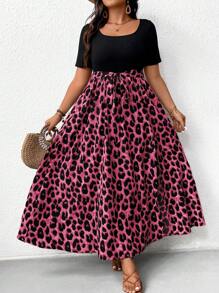 SHEIN Frenchy Plus Size Boho Solid Color Leopard Patchwork Simple Daily Short Sleeve Dress For Women Fall Clothes, For Summer