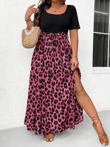 SHEIN Frenchy Plus Size Boho Solid Color Leopard Patchwork Simple Daily Short Sleeve Dress For Women Fall Clothes, For Summer