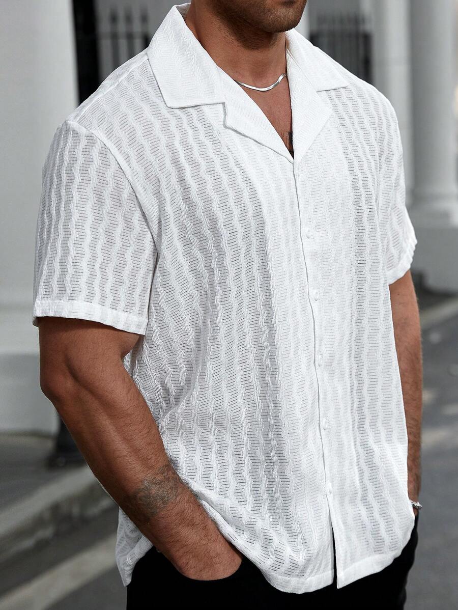Manfinity Homme Plus Size Men's Solid Color Front Button Short Sleeve Casual Shirt - White - View 1