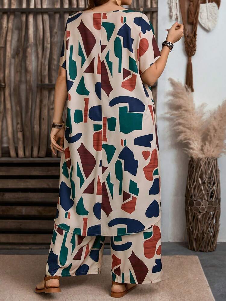 2 Pieces Set Women Plus Size Geometric Print Shirt & Pants,Boho Women Clothing, Women Clothing Women Two Pieces Outfits, Ladies Casual Sets,Summer Outfits For Women,Country Casual Sets,Casual Everyday Wear,Flower/Vacation/Spring