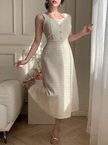 DAZY U领无袖格子长连衣裙，女士舞会礼服，吊带裙，休闲女装，优雅女装 - 米色 - 查看 8