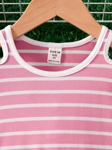 SHEIN Young Girl Casual Striped Short Sleeve Dress - Pink - View 4