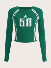 Muchica Olive Green Long Sleeve Slim-Fit Numeric Stripe Print T-Shirt - Dark Green - View 1