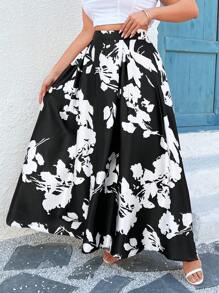 SHEIN Clasi Plus Size Women Elegant Satin Floral Pattern Long Skirt - Black and White - View 1