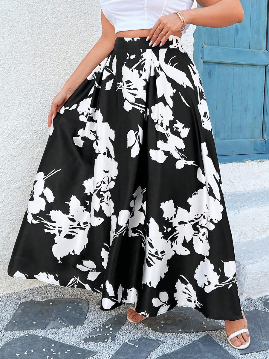 SHEIN Clasi Plus Size Women Elegant Satin Floral Pattern Long Skirt - Black and White - View 1