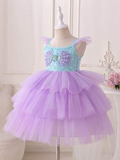 SHEIN Glamorique Kids Girl's Princess Dress, Purple Princess Dress, Christmas Children, Christmas Kids Dress, Partywear New Years Dress, Christmas Kids Dress, Birthday Party, Ball Dress, Gorgeous Princess Dress, Sequins, Four Seasons, Little Fly Sleeves, Seashells, Pearls