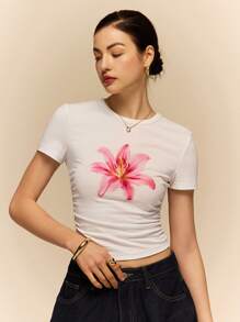 Poéselle Women Floral Print Round Neck Short Sleeve Casual T-Shirt - White - View 5