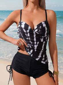 Swim Lushoire 2pcs Springbreak Minimalist Sexy Criss-Cross Ruched Print Long Tankini Top & Side Ruched Drawstring Swim Shorts Set For Summer Beach Vacation - Multicolor - View 1