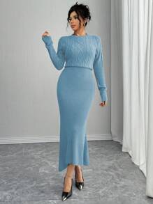 Calvaya Fashionable Fitted Crew Neck Long Sleeve Cable Knit Fishtail Hem Brown Sweater Dress For Women, Autumn/Winter