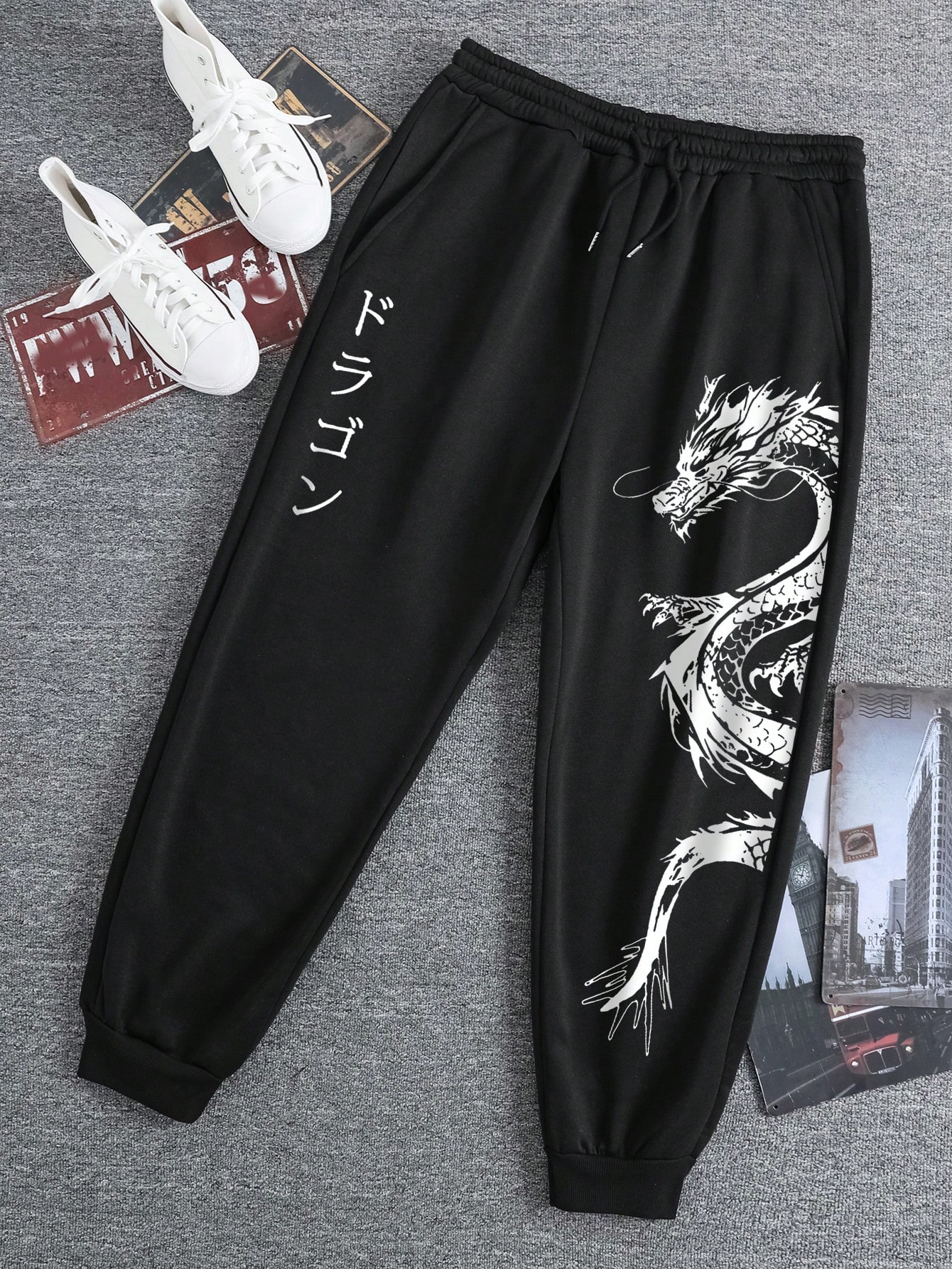 Manfinity Dauomo Plus Size Men's Dragon Print Drawstring Waist Tapered Sweatpants