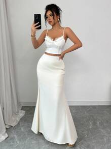 Elenzga Simple & Elegant Satin Lace Women's A-Line Skirt, Romantic