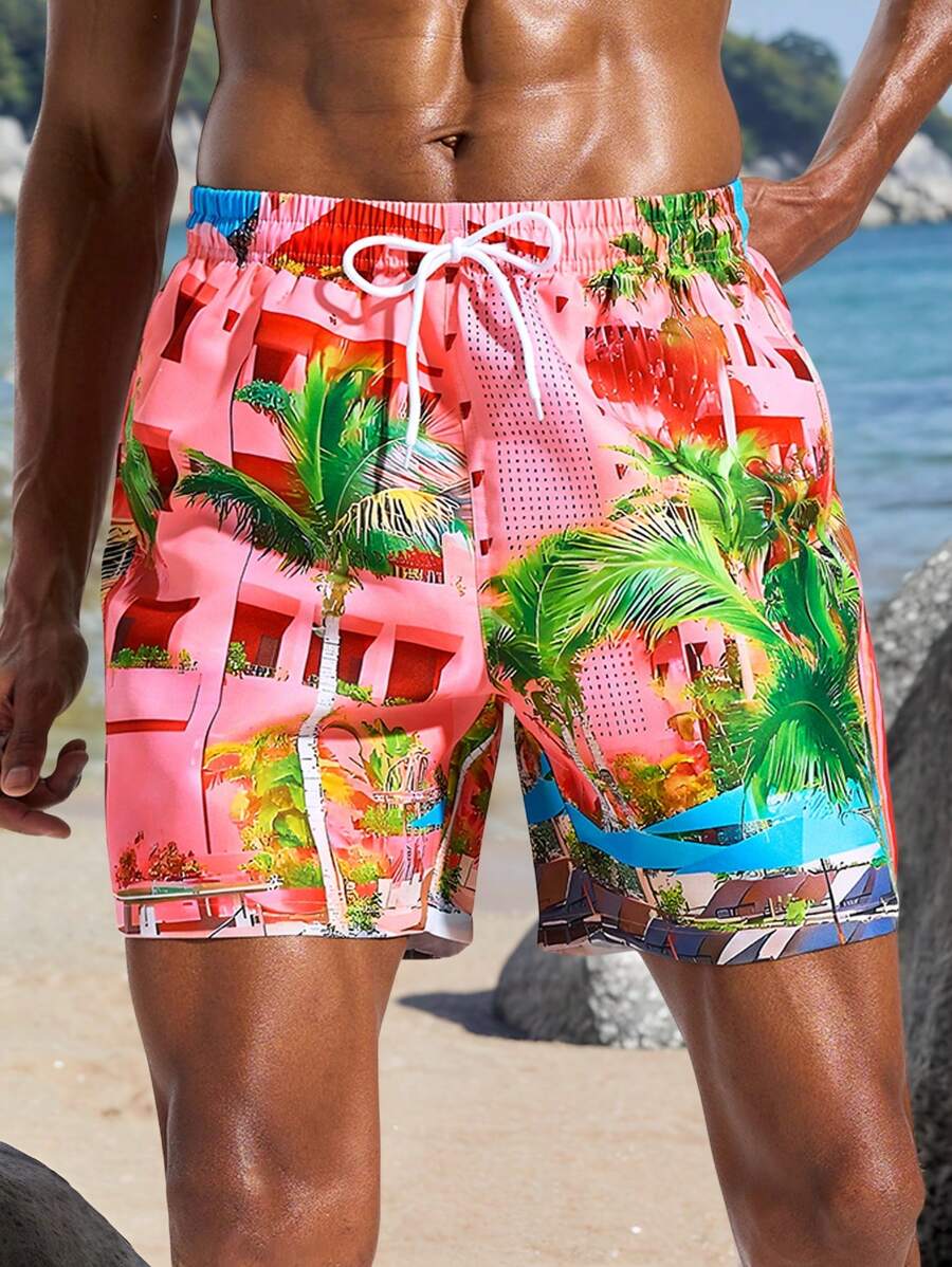 Surfspeed Men's Palm Tree Print Drawstring Waist Loose Beach Shorts Men Swim Trunks - Pink - View 1