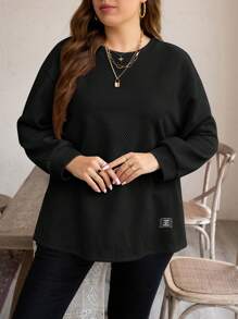 SHEIN LUNE 大码女式圆领长袖T恤，侧开衩设计，休闲时尚，杏色，秋冬假期 - 黑色 - 查看 5