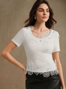 Anewsta Blusa elegante de cuello redondo con aplicaciones de flores 3D, pedrería y bordados florales, de corte slim, adecuada para el Día de San Valentín, vacaciones de verano y Año Nuevo