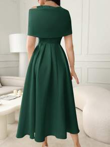 Modelyn Women's Rhinestones Decor Simple Pleated Casual Dress, For Daily Wear - Dark Green - View 2