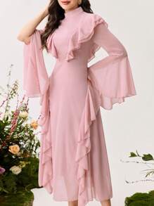 Modelyn Ruffle Flare Sleeve Long Slim Fit Women Dress - Pink - View 3