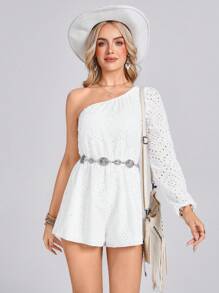 SHEIN LUNE 女士灯笼袖镂空刺绣纹理面料优雅连体裤，适合度假和郊游的休闲装 - 白色 - 查看 6