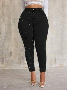 SHEIN SXY Plus Size Stretch Denim Blue Skinny Pants With Pearl Decoration - Black - View 4