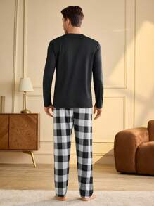 Manfinity Underwear&Sleepwear Basics 男士圆领长袖简约上衣和裤子家居服套装 - 黑色 - 查看 2