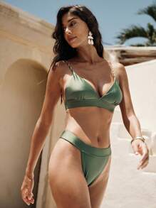 Anewsta Women Holiday Beach Minimalist Bikini Swimwear Set, For Summer Vacation - Dark Green - View 5