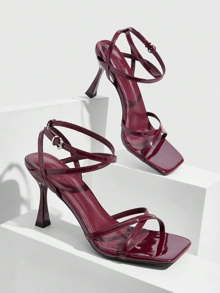 CUCCOO SZL Women's Fashionable Wine Red Glossy Patent Leather Metal Buckle Ankle Strap Sexy Square Toe Stiletto High Heel Sandals, Suitable For Commute, Date, Party, Holiday, Wedding Spring Shoes Spring Break Easter Prom Heels For Christmas Spring Shoes Prom Heels