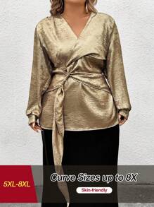 SHEIN CURVE+ 带领带的 V 领长袖缎面衬衫 - 彩色 - 查看 1