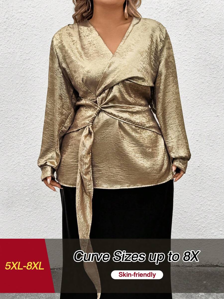 SHEIN CURVE+ 带领带的 V 领长袖缎面衬衫 - 彩色 - 查看 1
